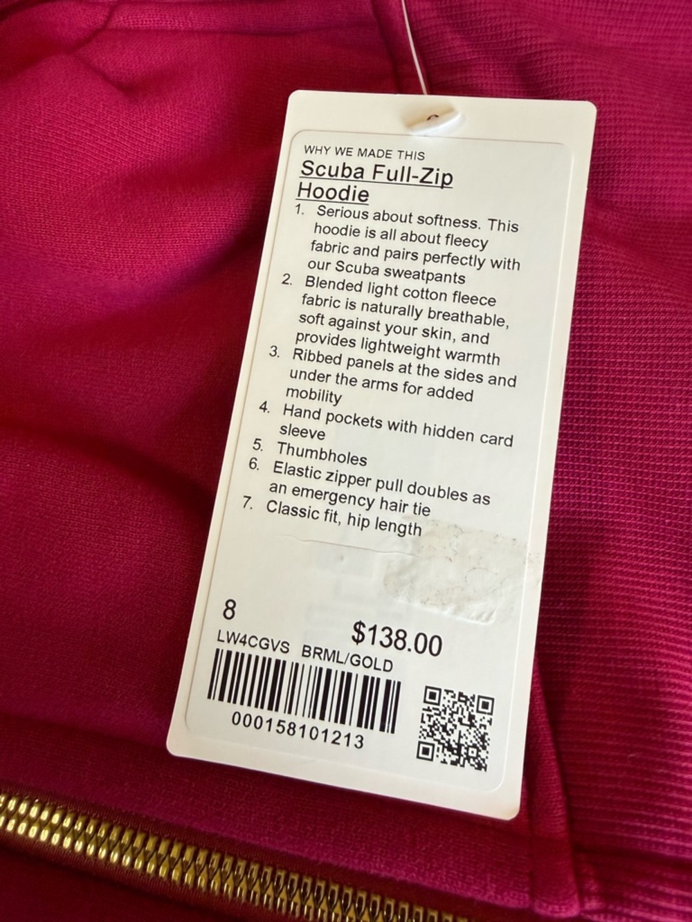 NWT Lululemon Scuba Hoodie Full Zip Berry Rumble / Gold – Size 8 - Picture 7 of 9